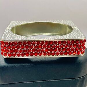 Vintage Square Hinged Bangle Cuff Bracelet with Red Crystals. Size 7